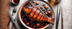 Teriyaki de pescado cocido en salsa dulce